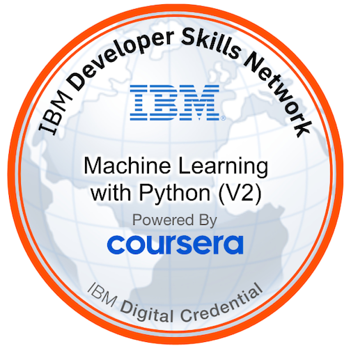 Certified in Machine Learning with Python from IBM provided by Coursera